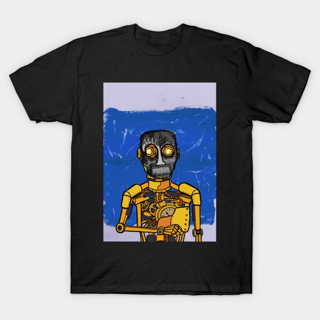 Love NFT - A Golden Affair: Golden Robot Character with Street Mask and Glass Eyes T-Shirt by Hashed Art